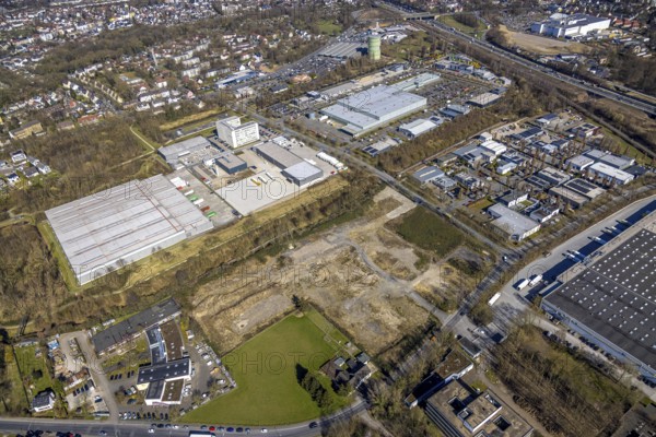 Aerial view, Sanacorp in the industrial area Lindenallee and Koniner Straße, fallow land at Südstraße, Holsterhausen in Herne, Ruhr area, North Rhine-Westphalia, Germany, DE, Europe, commercial enterprises, commercial area, commercial park, commercial location, commercial use, Herne, industrial area, industrial location, aerial view, aerial photography, aerial photography, overview, bird's-eye view, overview