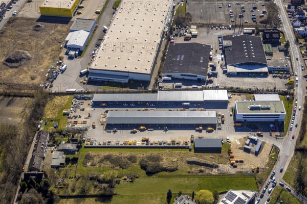 Aerial view, industrial estate Meesmannstraße, TBB Mobile Energy GmbH battery manufacturer, City of Herne Service Fachbereich Stadtgrün, Riemke, Bochum, Ruhr area, North Rhine-Westphalia, Germany, DE, Europe, commercial enterprises, commercial area, commercial area, commercial property, commercial site, commercial use, Herne, industrial site, aerial photograph, aerial photography, aerial photography, overview, bird's-eye view, bird's-eye view, overview