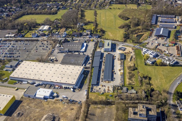 Aerial view, industrial estate Meesmannstraße, TBB Mobile Energy GmbH battery manufacturer, City of Herne Service Fachbereich Stadtgrün, Riemke, Bochum, Ruhr area, North Rhine-Westphalia, Germany, DE, Europe, commercial enterprises, commercial area, commercial area, commercial property, commercial site, commercial use, Herne, industrial site, aerial photograph, aerial photography, aerial photography, overview, bird's-eye view, bird's-eye view, overview