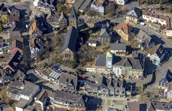 Aerial view, town hall in the old town building site with renovation and covered house facade with scaffolding, Protestant collegiate church St. Marien, Herdecke, Ruhr area, North Rhine-Westphalia, Germany, place of worship, authority, DE, Europe, religious community, place of worship, holy place, church, church community, denomination, aerial view, aerial photography, aerial photography, town hall, religion, religious site, city administration, overview, bird's eye view, birds-eyes view, overview
