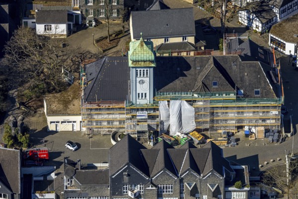 Aerial view, town hall in the old town centre construction site with renovation and covered house facade with scaffolding, Herdecke, Ruhr area, North Rhine-Westphalia, Germany, authority, DE, Europe, aerial view, aerial photography, aerial photography, town hall, city administration, overview, bird's-eye view, overview