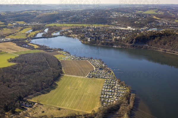 Aerial view, Harkortsee and town Wetter town view with Obergrabenbrücke, Caravanverein und Wassersportverein Harkortsee (CWVH) camping site, Vorhalle, Hagen, Ruhr area, North Rhine-Westphalia, Germany, camping, camping facility, camping homes, camping caravan, camping site, DE, Europe, leisure, Herdecke, hobby, aerial view, aerial photography, aerial photography, overview, bird's eye view, motorhome, caravan, birds-eyes view, overview