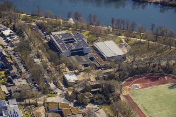 Aerial view, Friedrich-Harkort-Schule with solar roof, Herdecke, Ruhr area, North Rhine-Westphalia, Germany, education, educational institution, DE, Europe, educational institute, aerial view, aerial photography, aerial photography, school, overview, bird's-eye view, overview