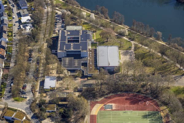 Aerial view, Friedrich-Harkort-Schule with solar roof, Herdecke, Ruhr area, North Rhine-Westphalia, Germany, education, educational institution, DE, Europe, educational institute, aerial view, aerial photography, aerial photography, school, overview, bird's-eye view, overview
