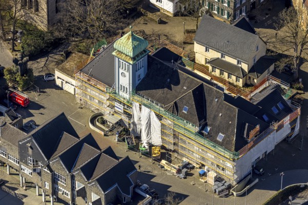 Aerial view, town hall in the old town centre construction site with renovation and covered house facade with scaffolding, Herdecke, Ruhr area, North Rhine-Westphalia, Germany, authority, DE, Europe, aerial view, aerial photography, aerial photography, town hall, city administration, overview, bird's-eye view, overview