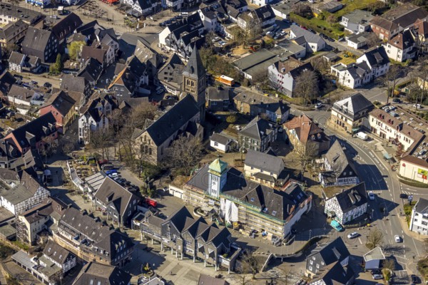 Aerial view, town hall in the old town building site with renovation and covered house facade with scaffolding, Protestant collegiate church St. Marien, Herdecke, Ruhr area, North Rhine-Westphalia, Germany, place of worship, authority, DE, Europe, religious community, place of worship, holy place, church, church community, denomination, aerial view, aerial photography, aerial photography, town hall, religion, religious site, city administration, overview, bird's eye view, birds-eyes view, overview