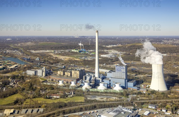 Aerial view, STEAG cogeneration plant Herne and cooling tower with steam cloud at the Rhine-Herne-Canal, Baukau-West, Herne, Ruhr area, North Rhine-Westphalia, Germany, DE, Europe, aerial view, aerial photography, aerial photography, overview, bird's-eye view, overview