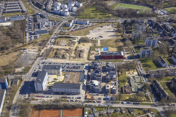 Aerial view, Kaiserquartier Herne, construction site with new construction of a residential complex and housing estate, Lackmanns Hof kindergarten and high-rise housing estate, Baukau, Herne, Ruhr area, North Rhine-Westphalia, Germany, architecture, construction work, construction site, DE, development, Europe, progress, building, high-rise, infrastructure, Kaiserquartier, kindergarten, day care centre, complex, construction, Lackmanns Hof, aerial view, aerial photography, aerial photography, new construction, new buildings, perspective, region, settlement, city, urban development, urban planning, overview, urban, bird's-eye view, residential complex, residential building, housing estate, birds-eyes view, modern, overview