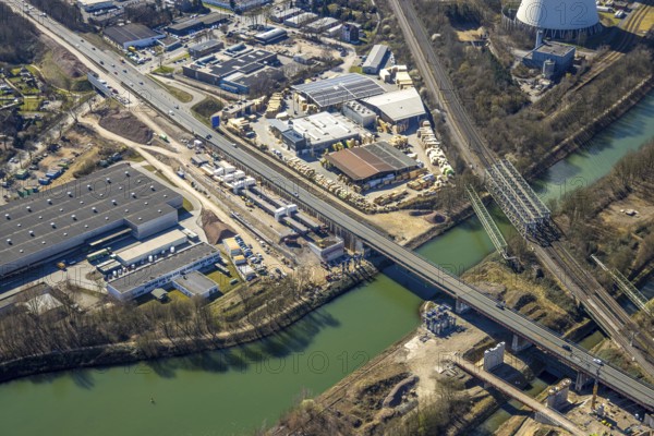 Aerial view, Rhine-Herne Canal, Emscher Bridge Rollbahn (Wanne-Eickel - Hamburg), motorway bridge A43, Baukau, Herne, Ruhr area, North Rhine-Westphalia, Germany, bridge, DE, Europe, canal, aerial view, aerial photography, aerial photography, overview, bird's-eye view, overview
