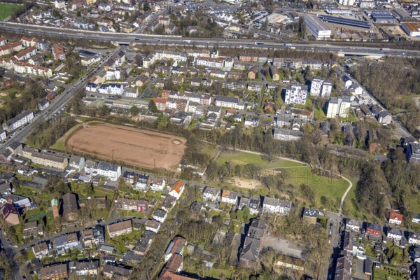 Aerial view, Franzstraße sports field, planned housing construction, Wanne, Herne, Ruhr area, North Rhine-Westphalia, Germany, DE, Europe, aerial view, aerial photography, aerial photography, sports field, overview, bird's-eye view, overview