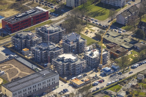 Aerial view, Kaiserquartier Herne, construction site with new construction of a residential complex and housing estate, Lackmanns Hof kindergarten and high-rise housing estate, Baukau, Herne, Ruhr area, North Rhine-Westphalia, Germany, architecture, construction work, construction site, DE, development, Europe, progress, building, high-rise, infrastructure, Kaiserquartier, kindergarten, day care centre, complex, construction, Lackmanns Hof, aerial view, aerial photography, aerial photography, new construction, new buildings, perspective, region, settlement, city, urban development, urban planning, overview, urban, bird's-eye view, residential complex, residential building, housing estate, birds-eyes view, modern, overview