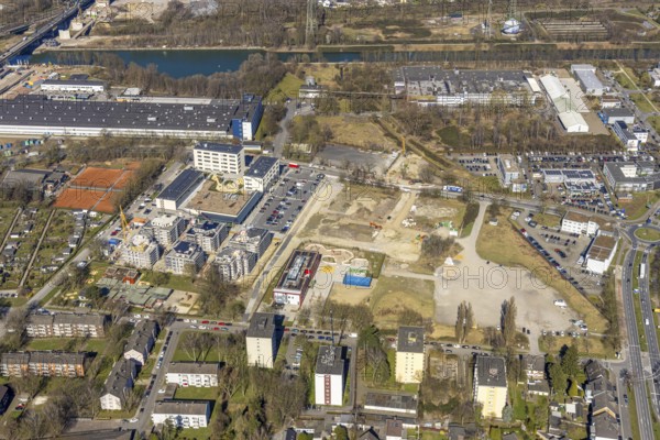 Aerial view, Kaiserquartier Herne, construction site with new construction of a residential complex and housing estate, Lackmanns Hof kindergarten and high-rise housing estate, tennis courts TC Emschertal, Baukau, Herne, Ruhr area, North Rhine-Westphalia, Germany, architecture, construction work, construction site, DE, development, Europe, progress, building, high-rise, infrastructure, Kaiserquartier, kindergarten, day-care centre, complex, construction, Lackmanns Hof, aerial view, aerial photography, aerial photography, new construction, new buildings, perspective, region, settlement, sport, city, urban development, urban planning, tennis, tennis facility, tennis courts, tennis club, overview, urban, bird's-eye view, residential complex, residential building, residential estate, birds-eyes view, modern, overview