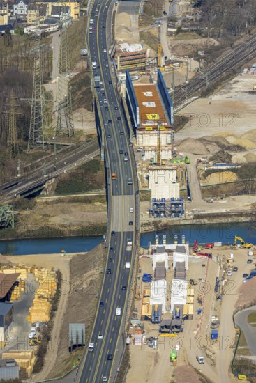 Aerial view, new construction bridge over the Rhine-Herne Canal and railway line, Baukau, Herne, Ruhr area, North Rhine-Westphalia, Germany, motorway, construction work, construction area, building site, building plots, construction project, construction site, bridge, DE, Europe, large construction site, aerial photograph, aerial photography, aerial photography, new construction, overview, bird's-eye view, bird's-eye view, overview