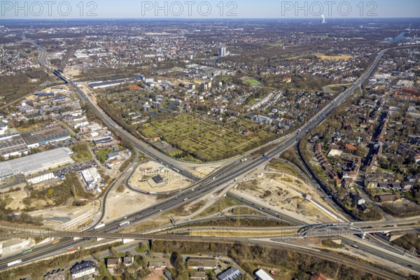 Aerial view, construction site motorway junction Herne, motorway A43 and motorway A42, Baukau-West, Herne, Ruhr area, North Rhine-Westphalia, Germany, motorway, motorway junction, construction work, construction area, construction site, building site, construction project, construction site, DE, Europe, aerial view, aerial photography, aerial photography, road tunnel, road traffic, overview, connecting tunnel, bird's-eye view, overview