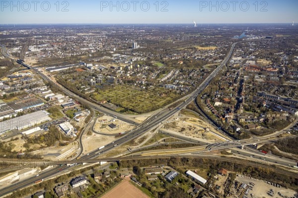 Aerial view, construction site motorway junction Herne, motorway A43 and motorway A42, Baukau-West, Herne, Ruhr area, North Rhine-Westphalia, Germany, motorway, motorway junction, construction work, construction area, construction site, building site, construction project, construction site, DE, Europe, aerial view, aerial photography, aerial photography, road tunnel, road traffic, overview, connecting tunnel, bird's-eye view, overview