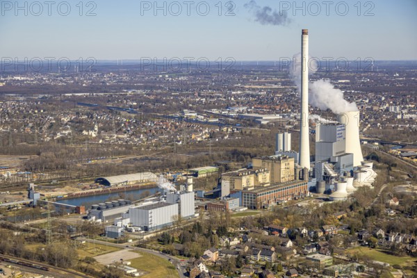 Aerial view, STEAG cogeneration plant Herne and cooling tower with steam cloud at the Rhine-Herne-Canal, Baukau-West, Herne, Ruhr area, North Rhine-Westphalia, Germany, DE, Europe, aerial view, aerial photography, aerial photography, overview, bird's-eye view, overview