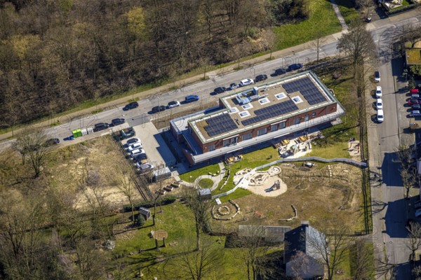Aerial view, construction site and new building for day care centre with solar roof, Franzstraße corner Am Freibad, Wanne, Herne, Ruhr area, North Rhine-Westphalia, Germany, construction work, construction area, building site, building plots, construction project, construction site, DE, Europe, kindergarten, day care centre, day care centre, aerial view, aerial photography, aerial photography, new building, overview, bird's-eye view, overview