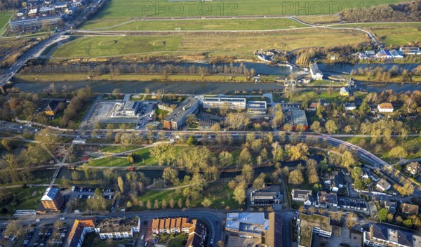 Aerial view, Hammonense grammar school and water sports centre, River Lippe and Datteln-Hamm Canal, centre, Hamm, Ruhr area, North Rhine-Westphalia, Germany
