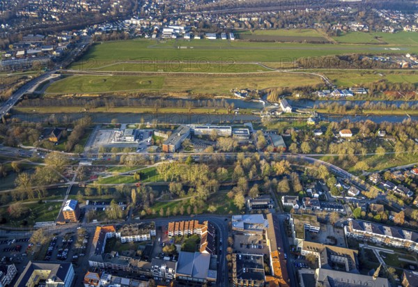 Aerial view, Hammonense grammar school and water sports centre, River Lippe and Datteln-Hamm Canal, centre, Hamm, Ruhr area, North Rhine-Westphalia, Germany