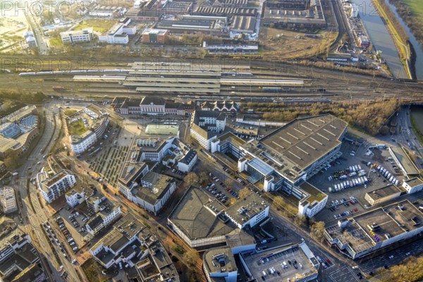 Aerial view, main railway station Hbf, station forecourt Platz der Deutschen Einheit and Technical Town Hall Hamm, centre, Hamm, Ruhr area, North Rhine-Westphalia, Germany