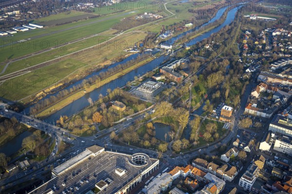 Aerial view, Hammonense grammar school and water sports centre, River Lippe and Datteln-Hamm Canal, centre, Hamm, Ruhr area, North Rhine-Westphalia, Germany