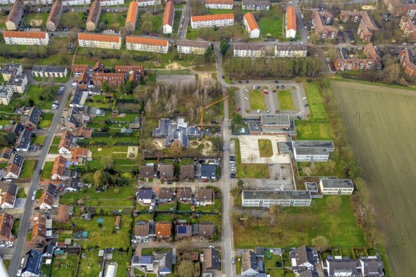 Aerial view, Arche Noah Herringen day care centre construction site, Friedrich-List Berufskolleg, Herringen district, Hamm, Ruhr area, North Rhine-Westphalia, Germany