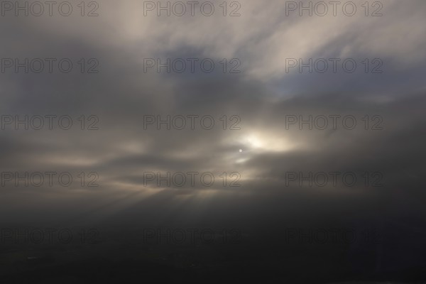 Aerial view, sun and clouds in the fog, district Herringen, Hamm, Ruhr area, North Rhine-Westphalia, Germany
