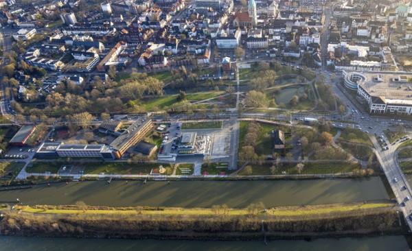 Aerial view, Hammonense grammar school and water sports centre, city centre with Nordring with river Lippe and Datteln-Hamm canal, centre, Hamm, Ruhr area, North Rhine-Westphalia, Germany