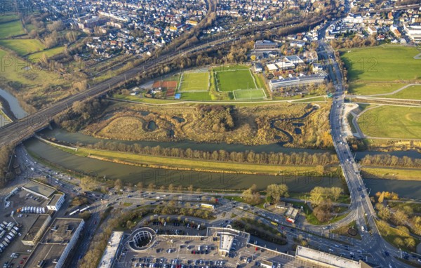 Aerial view, football stadium sports facility at HAMTEC industrial estate, river Lippe and Datteln-Hamm canal with Lippe bridge of federal road B63, road traffic road junction Hafenstraße and Westring federal road B63, district Heessen, Hamm, Ruhr area, North Rhine-Westphalia, Germany