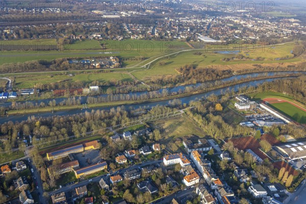 Aerial view, experience area with river Lippe and Datteln-Hamm canal, centre, Hamm, Ruhr area, North Rhine-Westphalia, Germany