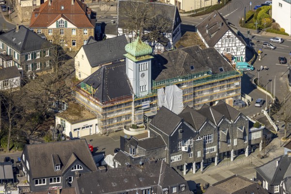 Aerial view, town hall in the old town centre construction site with renovation and covered house facade with scaffolding, Herdecke, Ruhr area, North Rhine-Westphalia, Germany, authority, DE, Europe, aerial view, aerial photography, aerial photography, town hall, city administration, overview, bird's-eye view, overview