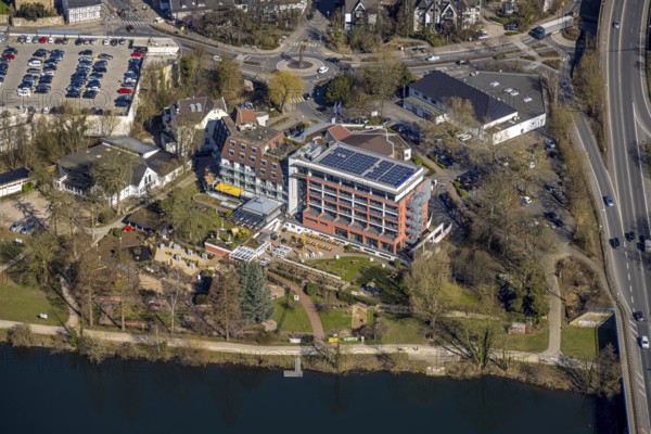 Aerial view, Hotel Zweibrücker Hof with solar roof and beer garden, Action Supermarket, roundabout Hengsteyseestraße with art installation, Herdecke, Ruhr area, North Rhine-Westphalia, Germany, DE, Europe, gastronomy, hotel, hotel facilities, hotel business, aerial view, aerial photography, aerial photography, overview, bird's-eye view, overview