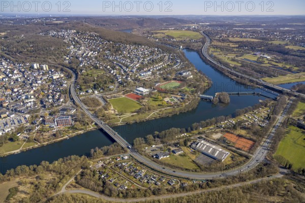 Aerial view, view of town and river Ruhr with Ruhr bridge Herdecke, sports and leisure centre Bleichstein, run-of-river power station Stiftsmühle, on the right the motorway A1, Herdecke, Ruhr area, North Rhine-Westphalia, Germany, DE, Europe, property tax, real estate, aerial view, aerial photography, aerial photography, overview, bird's-eye view, residential area, housing and living, residential area, quality of living, residential quarter, housing estate, residential district, birds-eyes view, overview