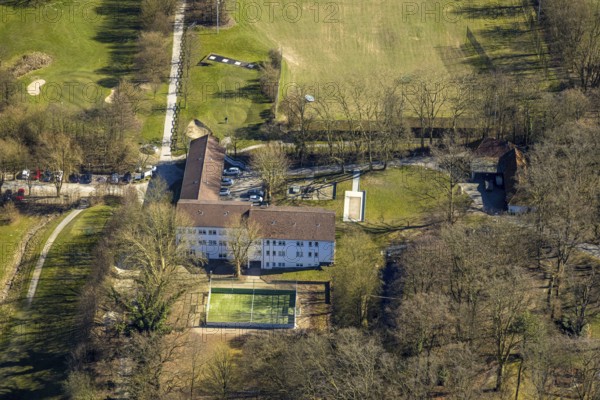Aerial view, education centre Herdecke, football pitch, Ostender Weg, Ostende, Herdecke, Ruhr area, North Rhine-Westphalia, Germany, education, DE, Europe, aerial view, aerial photography, aerial photography, school, overview, bird's-eye view, further education, birds-eyes view, overview