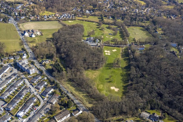 Aerial view, golfing in Herdecke, golf player on the golf course and bunker, Ostend, Herdecke, Ruhr area, North Rhine-Westphalia, Germany, DE, Europe, golf, golf green, golf course, golf meadow, aerial view, aerial photography, aerial photography, sports, overview, bird's-eye view, overview