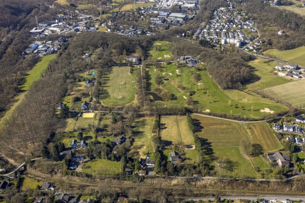 Aerial view, golfing in Herdecke, golf course and bunker, residential area Ostend, Herdecke, Ruhr area, North Rhine-Westphalia, Germany, DE, Europe, golf, golf green, golf course, golf club, golf course, golf meadow, aerial view, aerial photography, aerial photography, sports, overview, bird's eye view, residential area, birds-eyes view, overview