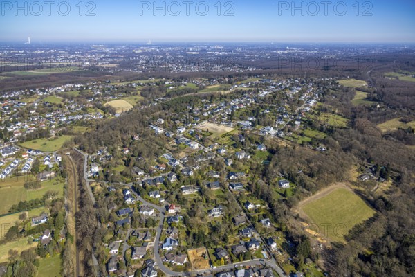 Aerial view, overview district Ahlenberg, residential area with fallow land at Ahlenbergweg, Ahlenberg, Herdecke, Ruhr area, North Rhine-Westphalia, Germany, DE, Europe, property tax, real estate, aerial view, aerial photography, aerial photography, overview, bird's-eye view, residential area, living and life, residential area, residential quality, residential neighbourhood, housing estate, residential district, birds-eyes view, overview