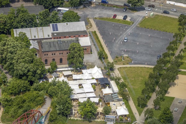 Aerial view, Steinmeister's beer garden - Oskar am Kanal im Kulturpark Unser Fritz, area former colliery Unser Fritz, artist colliery Unser Fritz 2/3, shaft 3, Unser Fritz, Herne, Ruhr area, North Rhine-Westphalia, Germany, DE, Europe, aerial view, aerial photography, aerial photography, overview, bird's-eye view, overview, linksderA43, HernelinksderA43