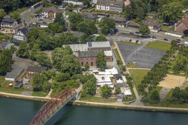 Aerial view, Steinmeister's beer garden - Oskar am Kanal im Kulturpark Unser Fritz, area former colliery Unser Fritz, artist colliery Unser Fritz 2/3, shaft 3, Unser Fritz, Herne, Ruhr area, North Rhine-Westphalia, Germany, DE, Europe, aerial view, aerial photography, aerial photography, overview, bird's-eye view, overview, linksderA43, HernelinksderA43