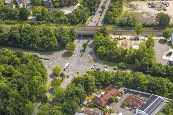 Aerial view, railway bridge at the intersection of Berlinerstrasse and Wakefieldstrasse, construction site and new building on Steinbergstrasse, Wanne, Herne, Ruhr area, North Rhine-Westphalia, Germany, construction work, construction area, construction site, building plots, construction project, construction site, DE, Europe, aerial view, aerial photography, aerial photography, overview, bird's-eye view, bird's-eye view, overview, linksderA43, HernelinksderA43