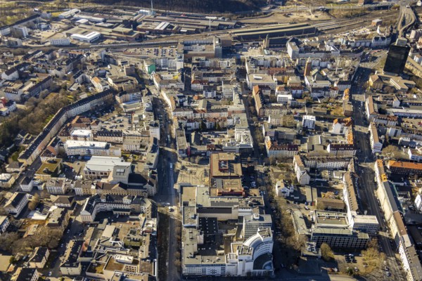 Aerial view, central station and city view with Bahnhofstraße, city centre, Hagen, Ruhr area, North Rhine-Westphalia, Germany