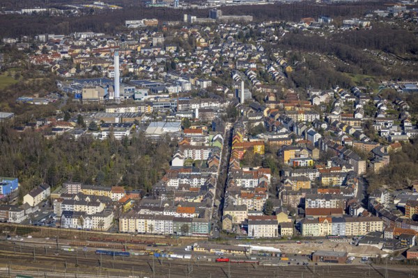 Aerial view, city centre with Alleestraße and railway tracks at the main station, on the left the waste incineration plant Hagen with tower, Altenhagen, Hagen, Ruhr area, North Rhine-Westphalia, Germany