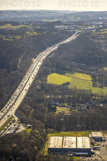 Aerial view, car park Funckenhausen motorway A1 truck rest area, traffic jam with truck queue, Vorhalle, Hagen, Ruhr area, North Rhine-Westphalia, Germany