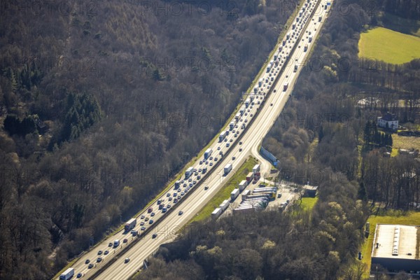 Aerial view, car park Funckenhausen motorway A1 truck rest area, traffic jam with truck queue, Vorhalle, Hagen, Ruhr area, North Rhine-Westphalia, Germany