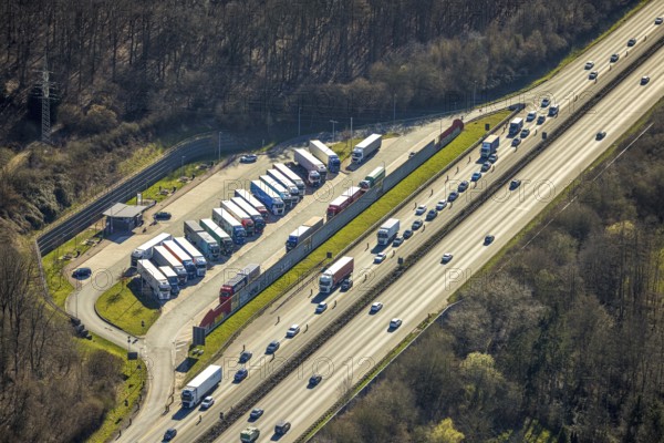 Aerial view, Funckenhausen car park, A1 motorway lorry service area, traffic jam, Vorhalle, Hagen, Ruhr area, North Rhine-Westphalia, Germany