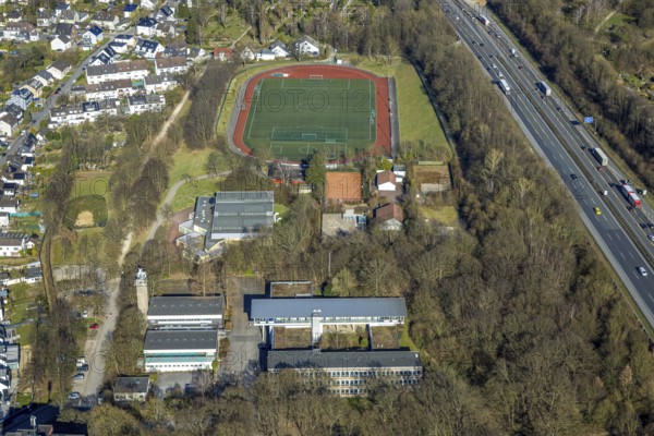 Aerial view, sports field football stadium Sportgemeinschaft Vorhalle 09 Fußball e.V., Vorhalle, secondary school Geschwister-Scholl Vorhalle, Hagen, Ruhr area, North Rhine-Westphalia, Germany
