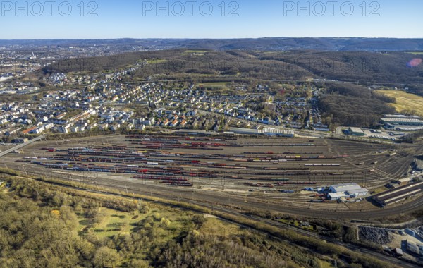 Aerial view, Vorhalle marshalling yard and railway tracks, Vorhalle residential area, Vorhalle, Hagen, Ruhr area, North Rhine-Westphalia, Germany