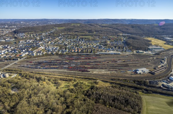 Aerial view, Vorhalle marshalling yard and railway tracks, Vorhalle residential area, Vorhalle, Hagen, Ruhr area, North Rhine-Westphalia, Germany