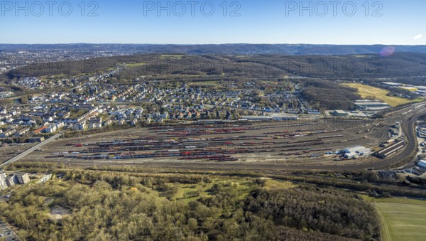 Aerial view, Vorhalle marshalling yard and railway tracks, Vorhalle residential area, Vorhalle, Hagen, Ruhr area, North Rhine-Westphalia, Germany