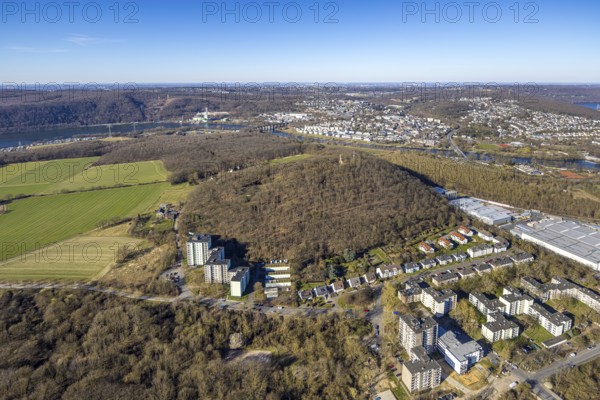 Aerial view, forest area Kaisberg and Freiherr-vom-Stein-Turm, skyscrapers at the edge of the forest, behind Ruhr viaduct and Herdecke at the river Ruhr, Vorhalle, Hagen, Ruhr area, North Rhine-Westphalia, Germany